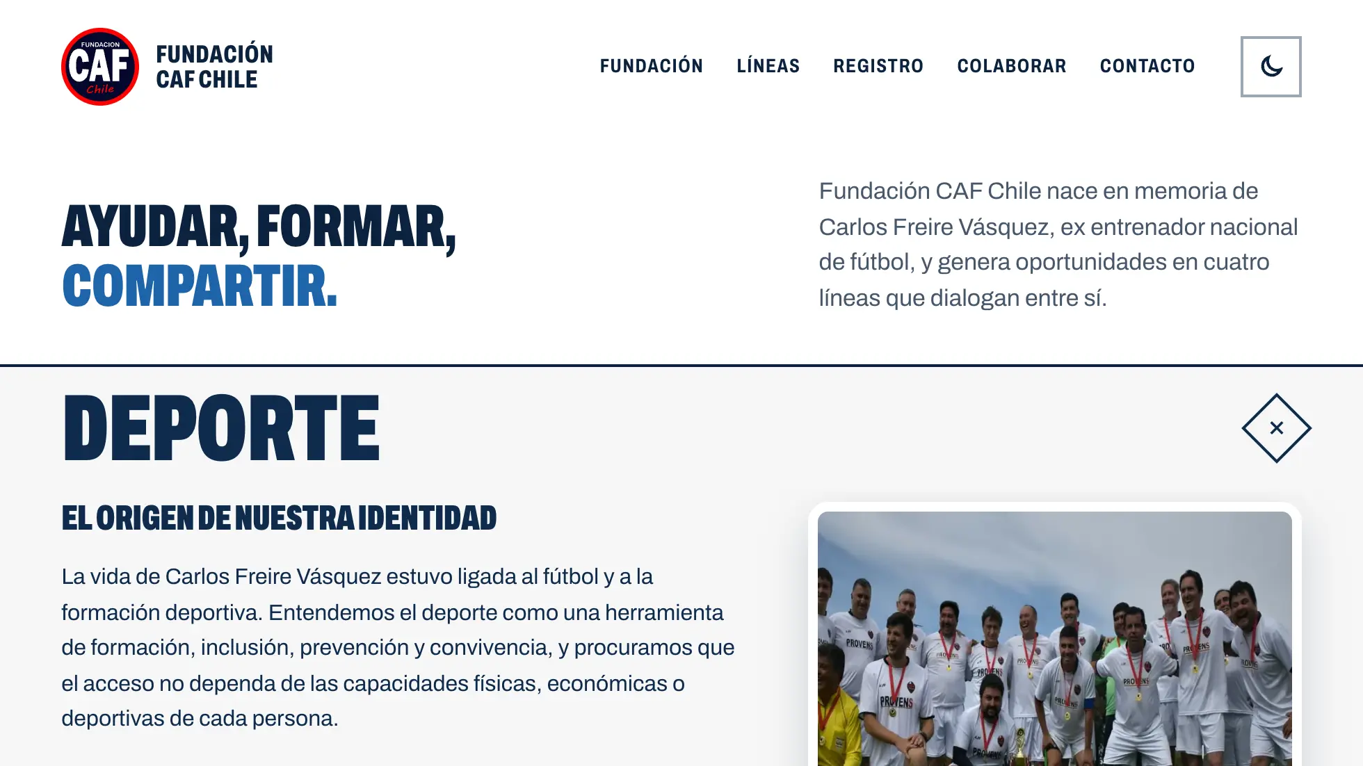 La portada de cafchile.cl, con el logo de la fundación y el titular «Ayudar, formar, compartir.».