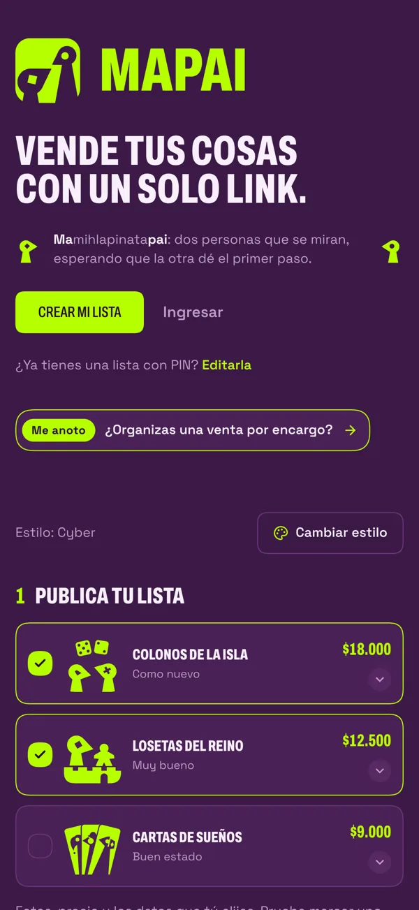 La portada de mapai.page en un teléfono, con el botón «Crear mi lista» y una lista de ejemplo.
